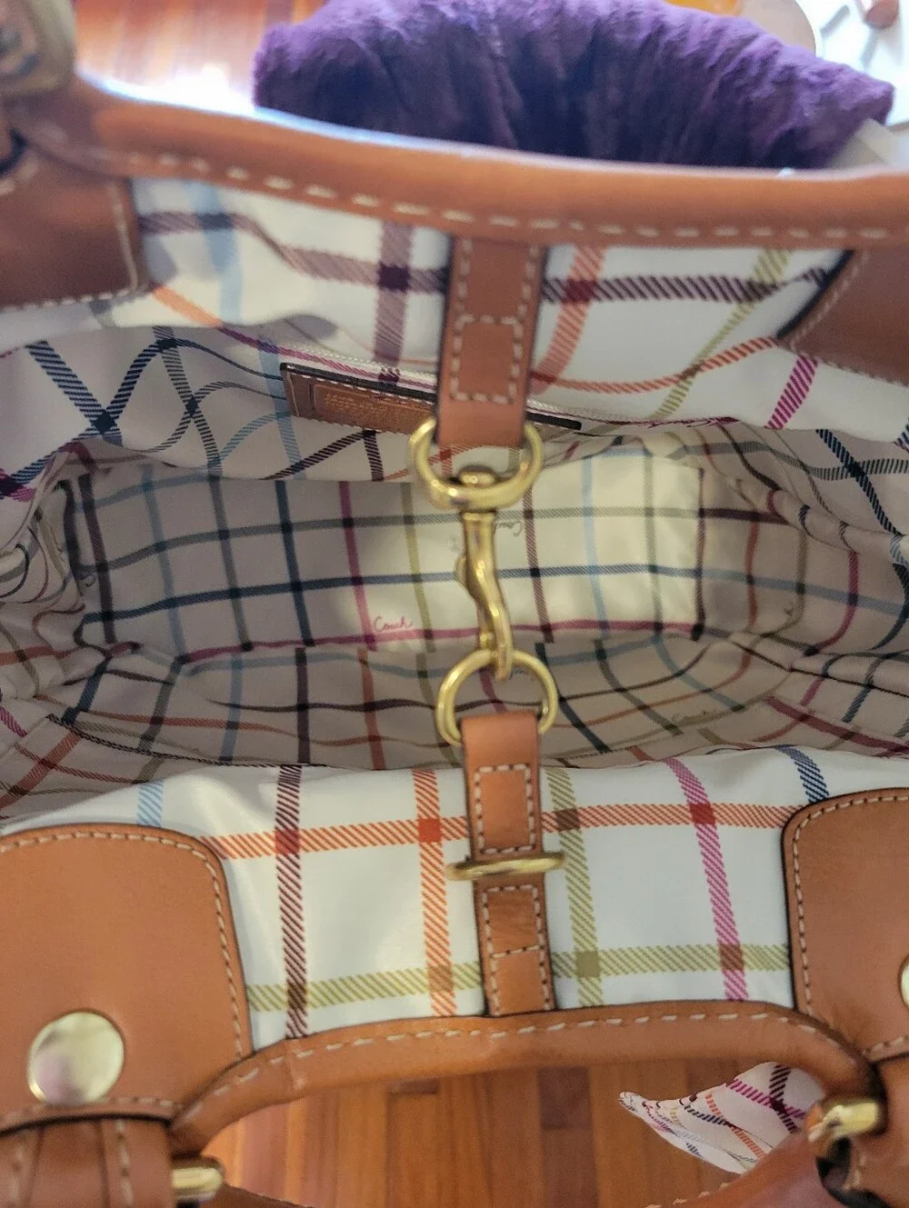 Coach Tattersal Silk Lining Leatherware Canvas Tote Bag in Beige with Tan Trim
